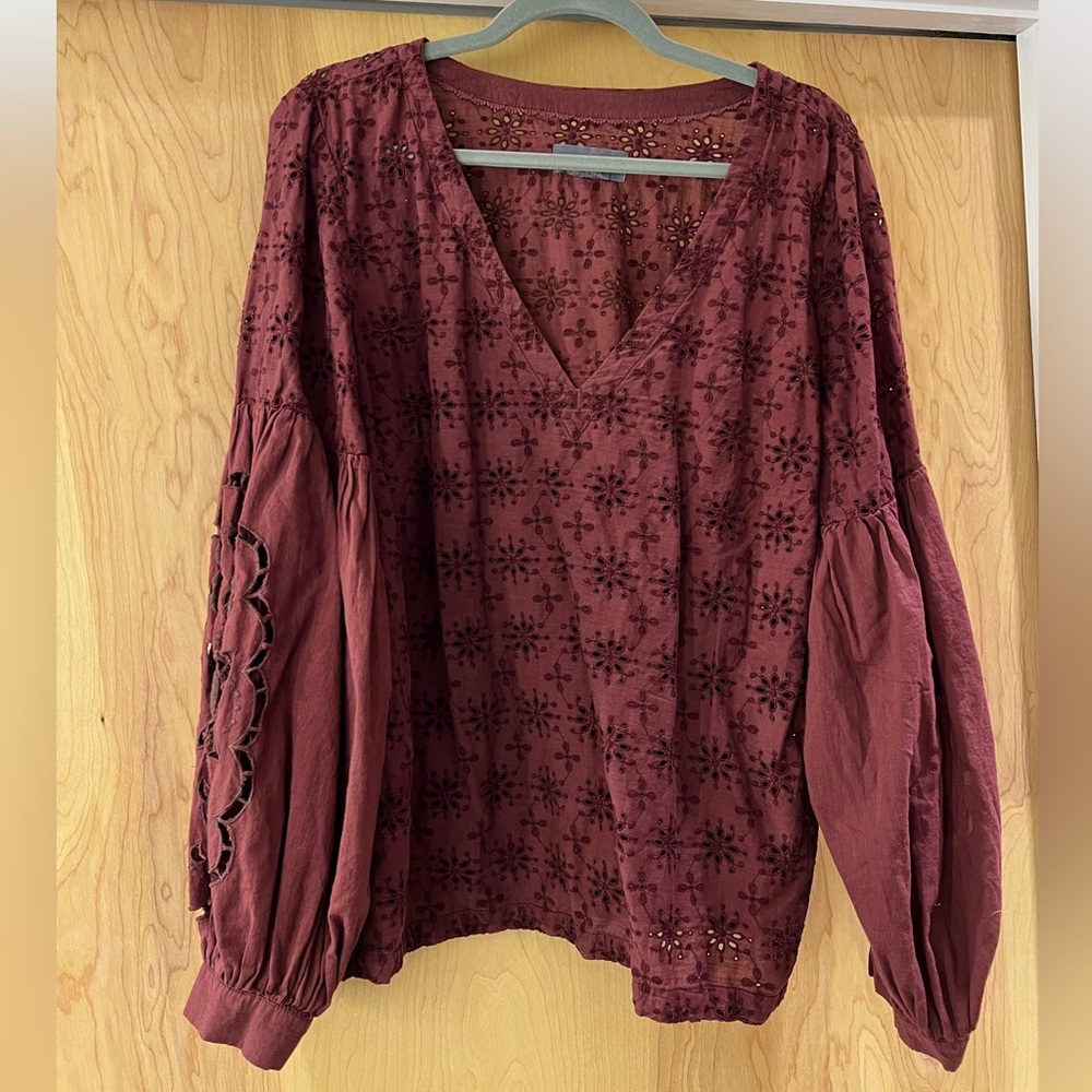 Anthropologie Wine Eyelet Embroidered Top XL